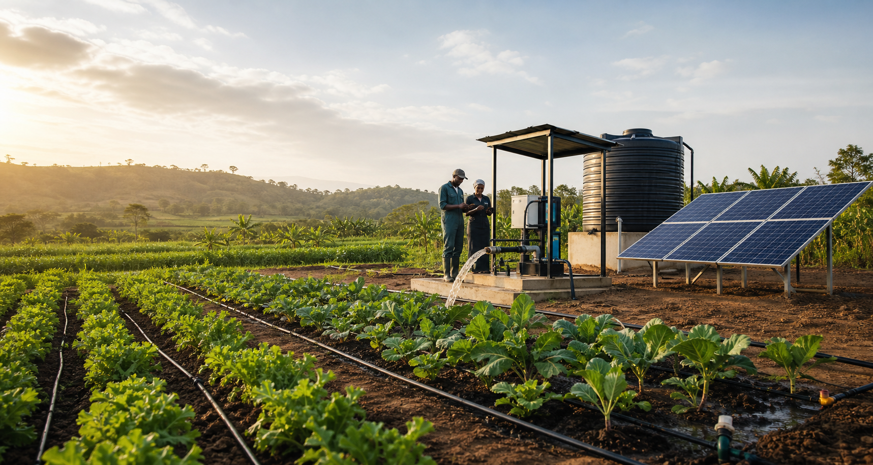 Solar-powered irrigation system on farmland with drip lines, water tank, and farmers