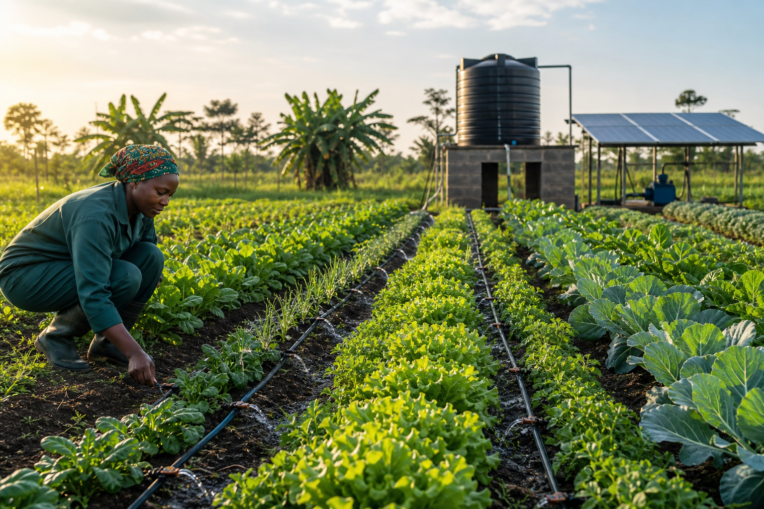 Healthy irrigated vegetable farm with drip irrigation lines and solar-powered water infrastructure