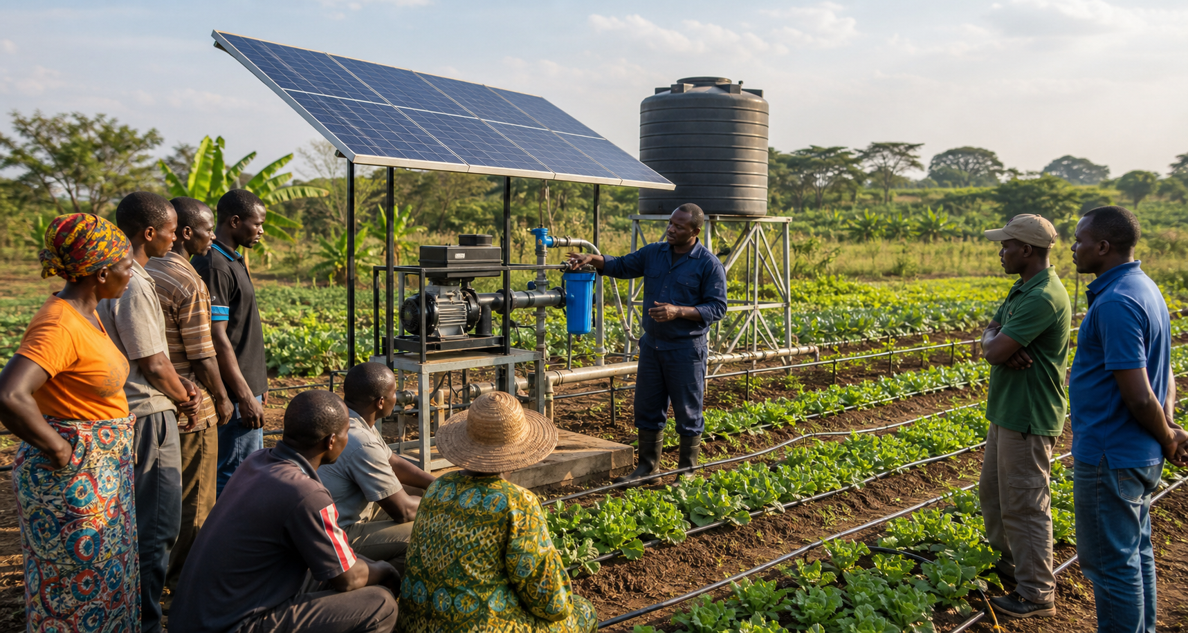 Farmers receiving installation training beside solar-powered irrigation equipment